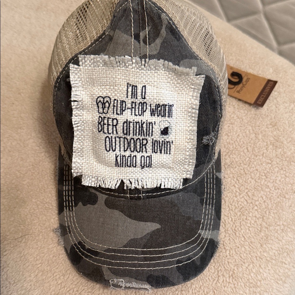 C.C. Womens Grey Camo Ponytail Trucker Hat Distressed Outdoor‎ Lovin Gal Cap NEW - Picture 2 of 6